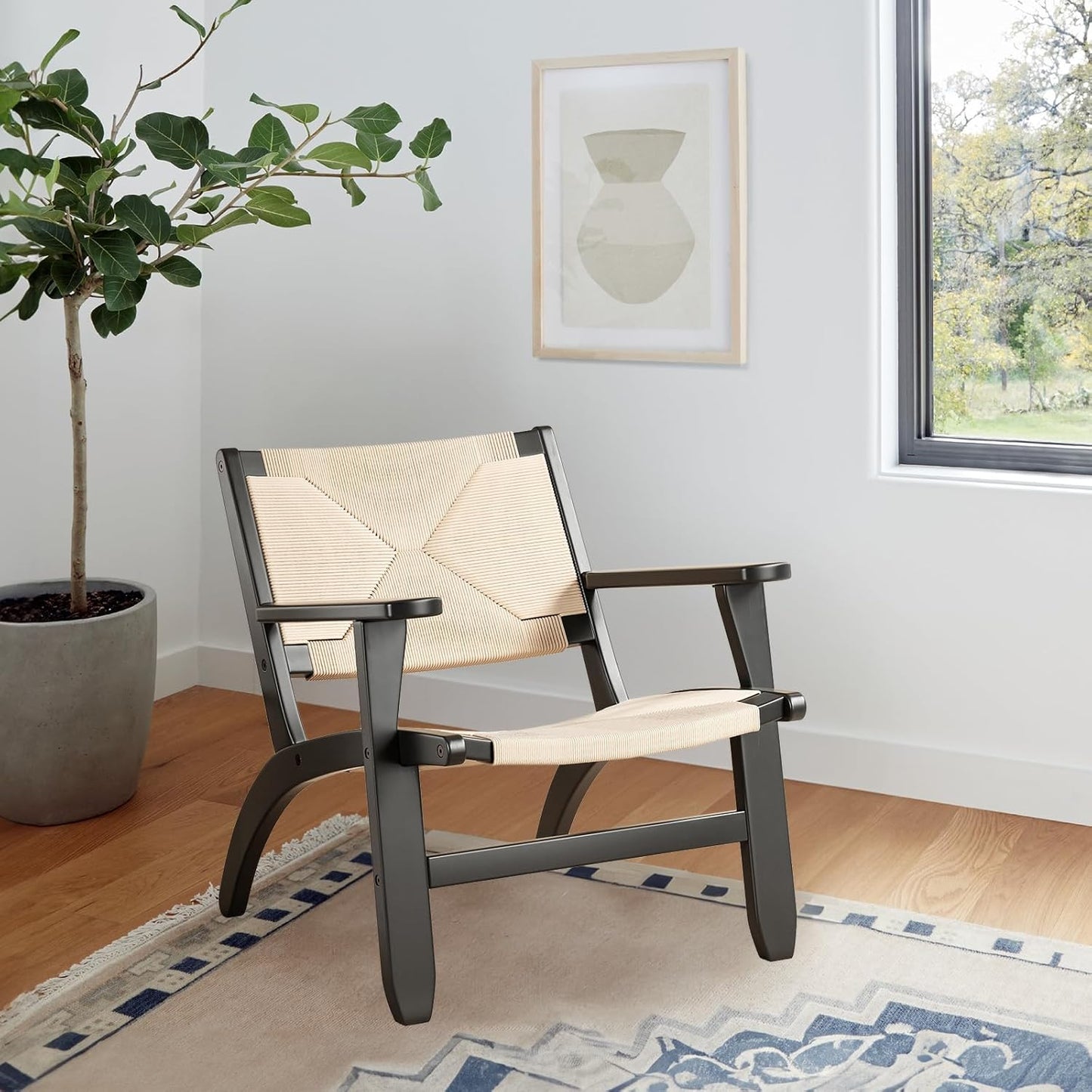 Farini Rubberwood Accent Chair for Living Room,Indoor Mid Century Woven Accent Chair with Arms,Bedroom Side Boho Chair with Kraft Paper Rope