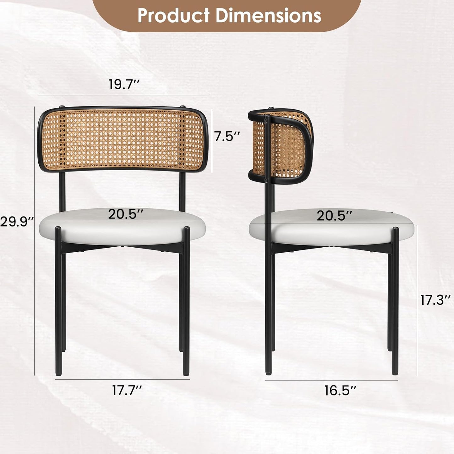 Farini Dining Chairs Set of 4, PU Leather Upholstered Seat with Woven Rattan Back, Sturdy Metal Legs Modern Side Chairs for Kitchen Living Room Restaurant