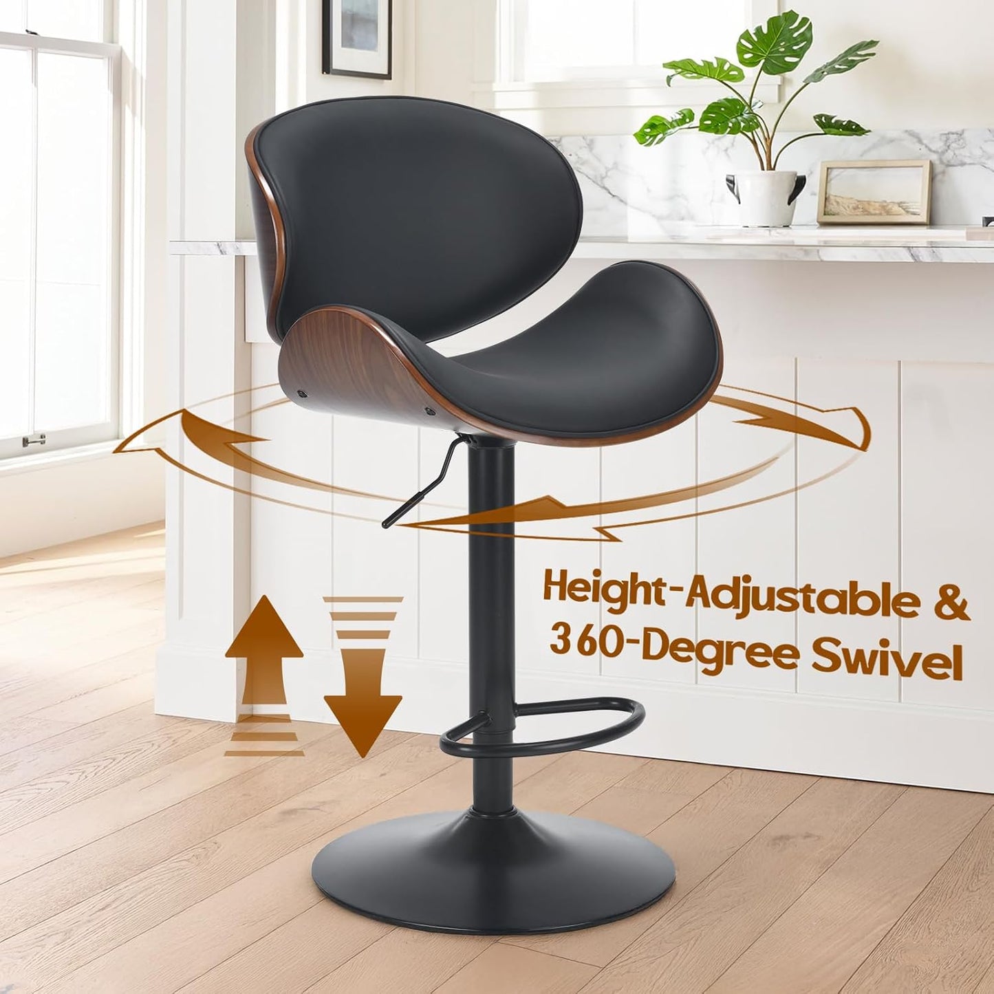 Farini Adjustable Bar Stools Set for 2, Ergonomic Modern Swivel Bar Stools with Back for Kitchen Island, PU Leather Bar Stool with Footrest Mid Century Barstools, Industrial Counter Height Bar Stools