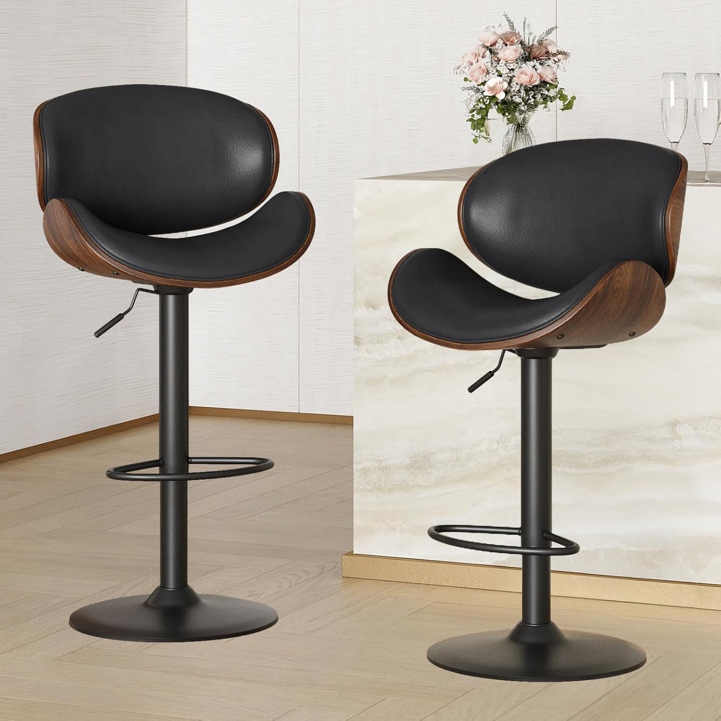 Farini Adjustable Bar Stools Set for 2, Ergonomic Modern Swivel Bar Stools with Back for Kitchen Island, PU Leather Bar Stool with Footrest Mid Century Barstools, Industrial Counter Height Bar Stools