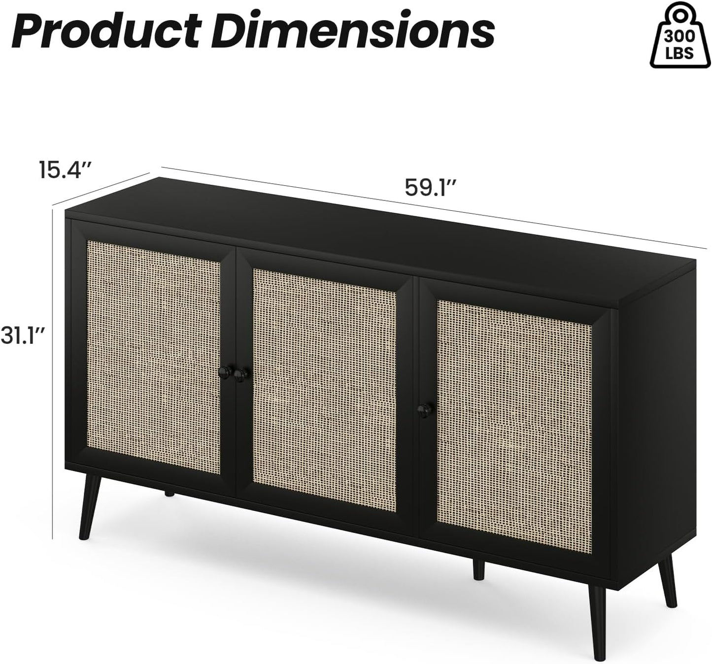 Farini Modern Sideboard Buffet, 3-Door Rattan Storage Cabinet for Kitchen, Living Room & Entryway