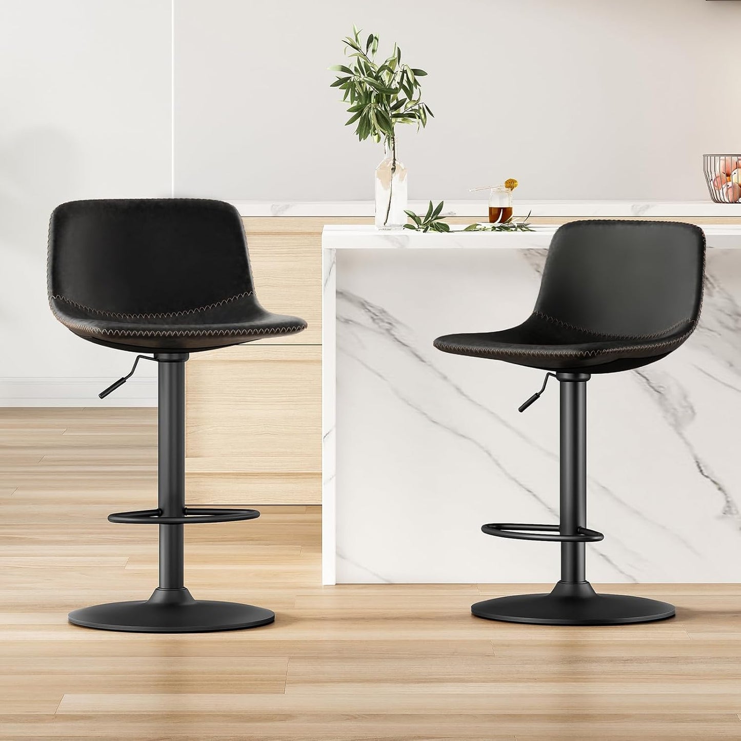 Farini Adjustable Bar Stools Set of 2, Modern Swivel Bar Stools, Bar Height Stools with Back Support, Pu Leather Bar Stool for Kitchen Island Counter