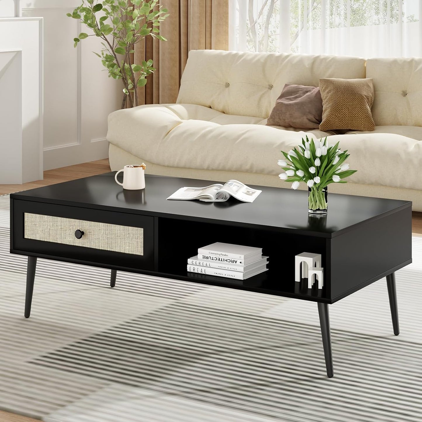 Farini 47" Modern Coffee Table, Rectangle Living Room Table with Drawer & Open Shelf for Living Room, Office