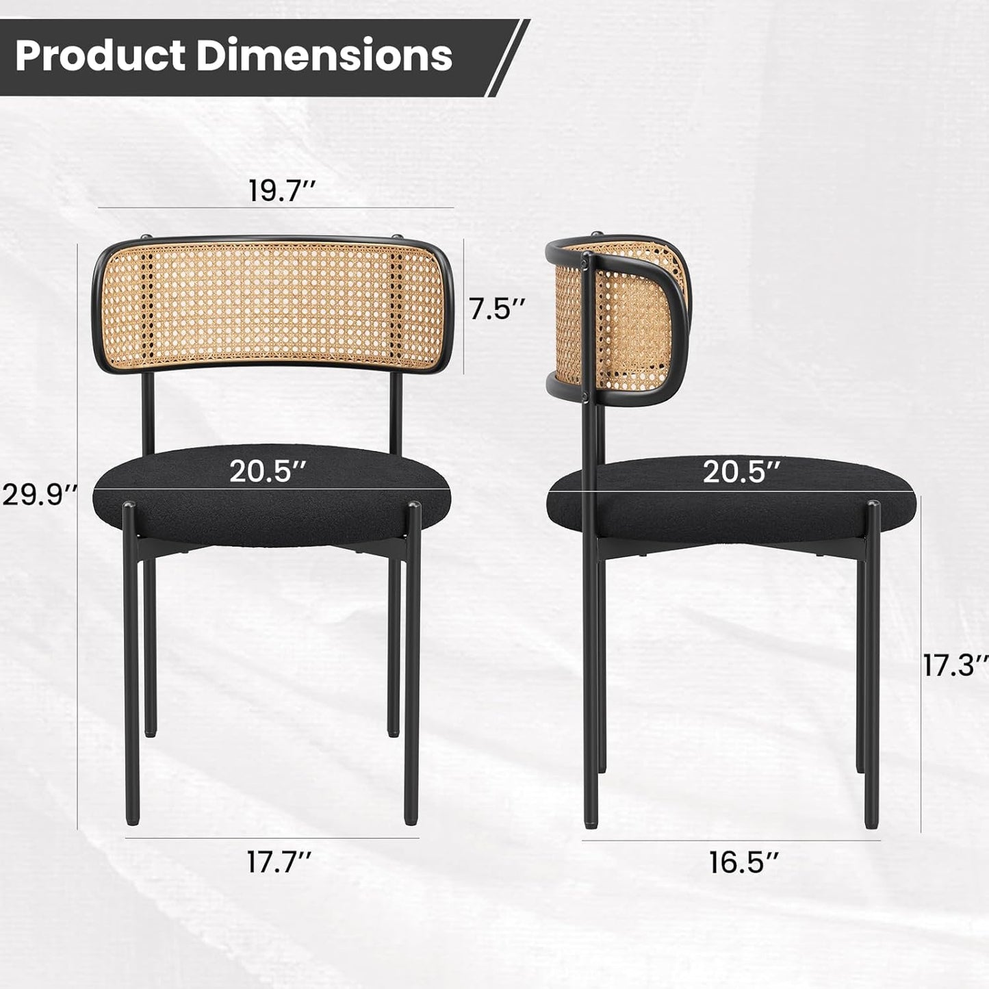 Farini Modern Upholstered Dining Chairs Set of 2,Rattan Back Dining Room Chairs,Accent Kitchen Chairs with Metal Legs,Black