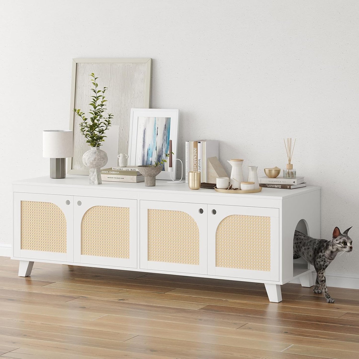 Farini Double Hidden Cat Litter Box Enclosure Furniture Cabinet with Rattan Decorated Doors for Two Cats，Two Entrances