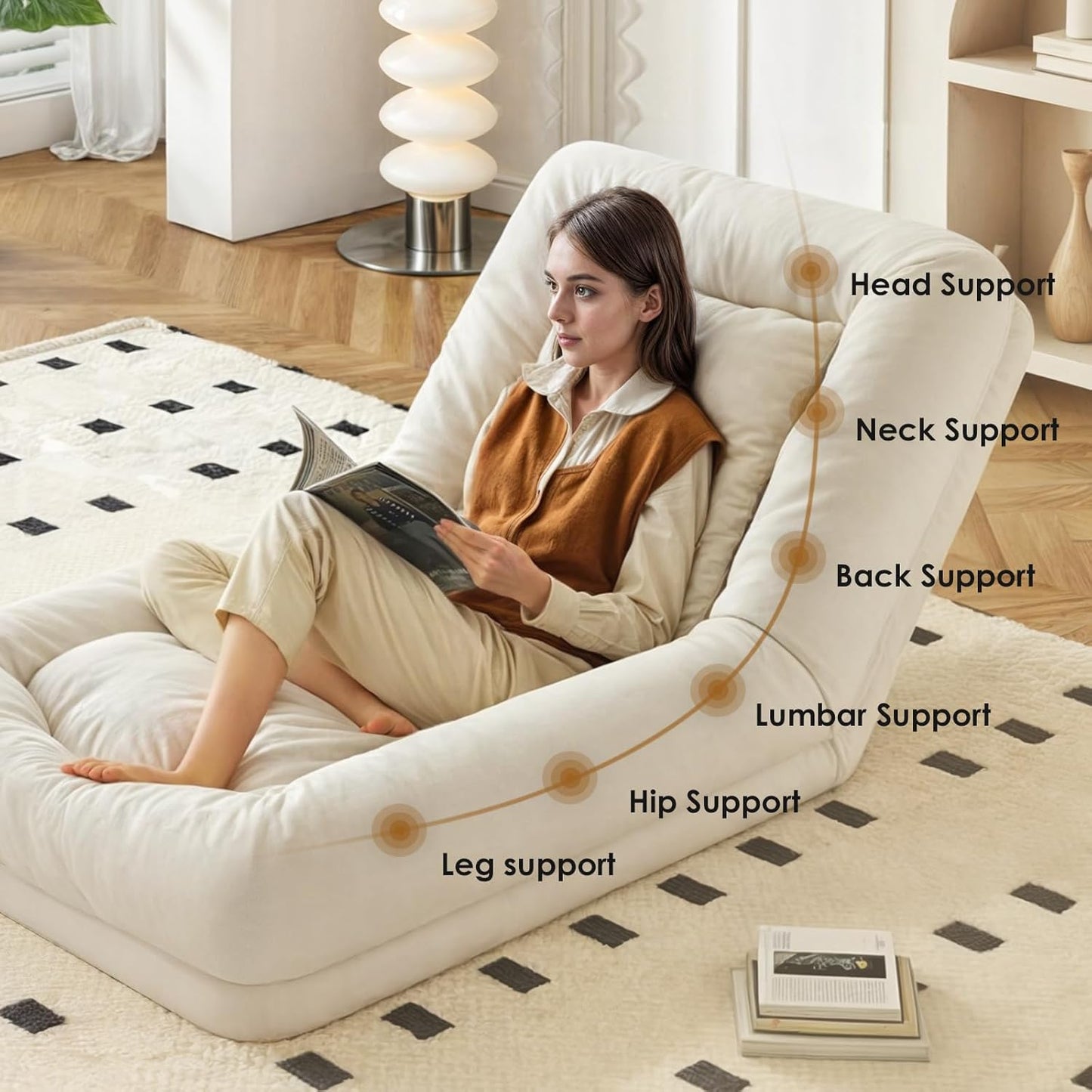 Farini Bean Bag Chairs for Adults, High Density Sponge Bean Bag Sofa with Waist Support, Soft Lazy Floor Sofa for Living Room, Reading Chair for Bedroom