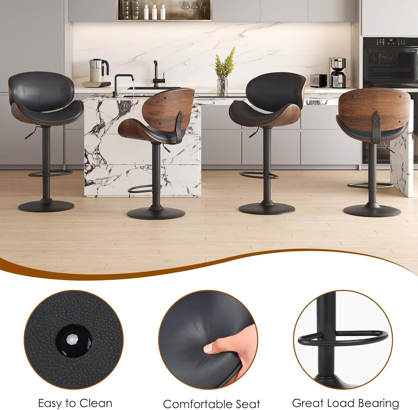 Farini Adjustable Bar Stools Set for 2, Ergonomic Modern Swivel Bar Stools with Back for Kitchen Island, PU Leather Bar Stool with Footrest Mid Century Barstools, Industrial Counter Height Bar Stools