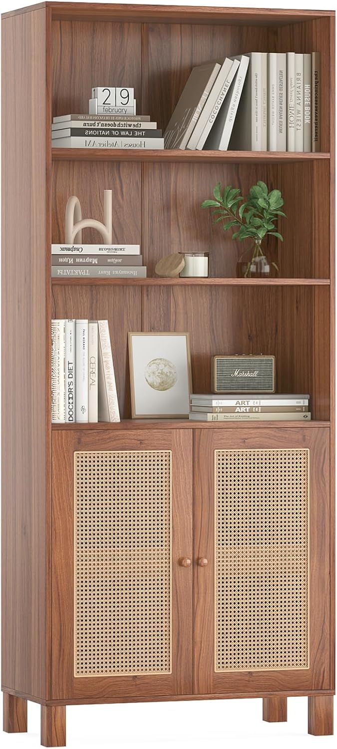 Farini Tall 5 Tier Bookcase, Storage Shelf with Rattan Doors for Living Room, Office, Library