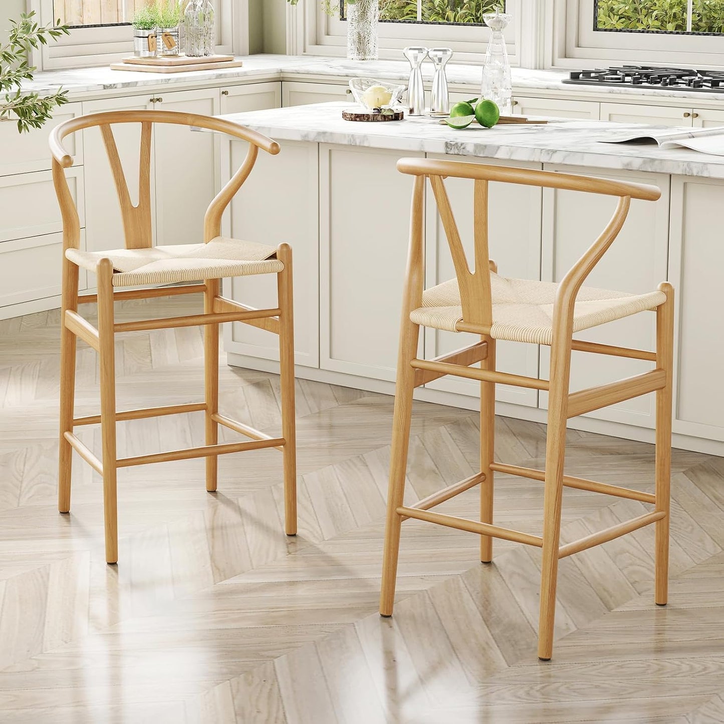 Farini Fully Assembled Wishbone Barstool Set of 2,Weave Counter Height Bar Stool for Kitchen Island,Nature