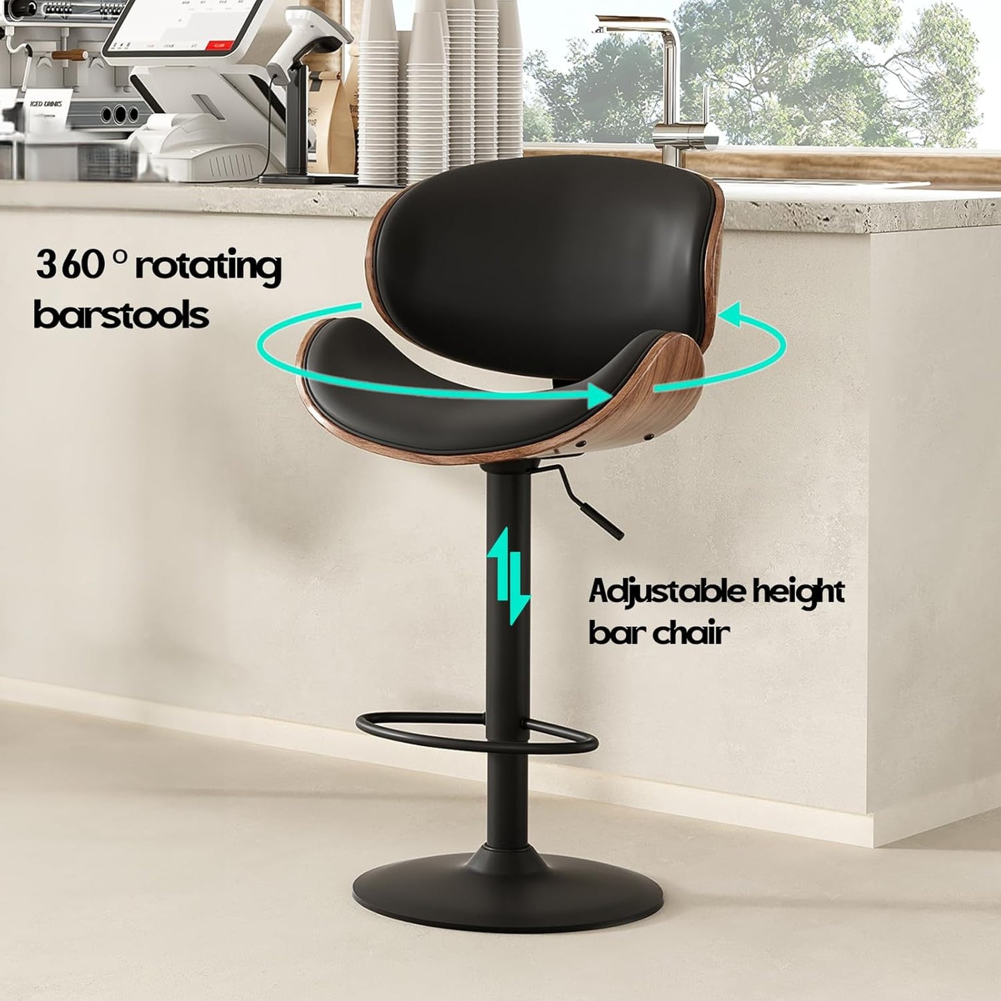 Farini Swivel Bar Stools Set of 4 Adjustable Height Bentwood Barstools with PU Leather Upholstered Seat, Backrest and Footrest,Modern Kitchen Counter Chairs for Bar, Dining Room,Black