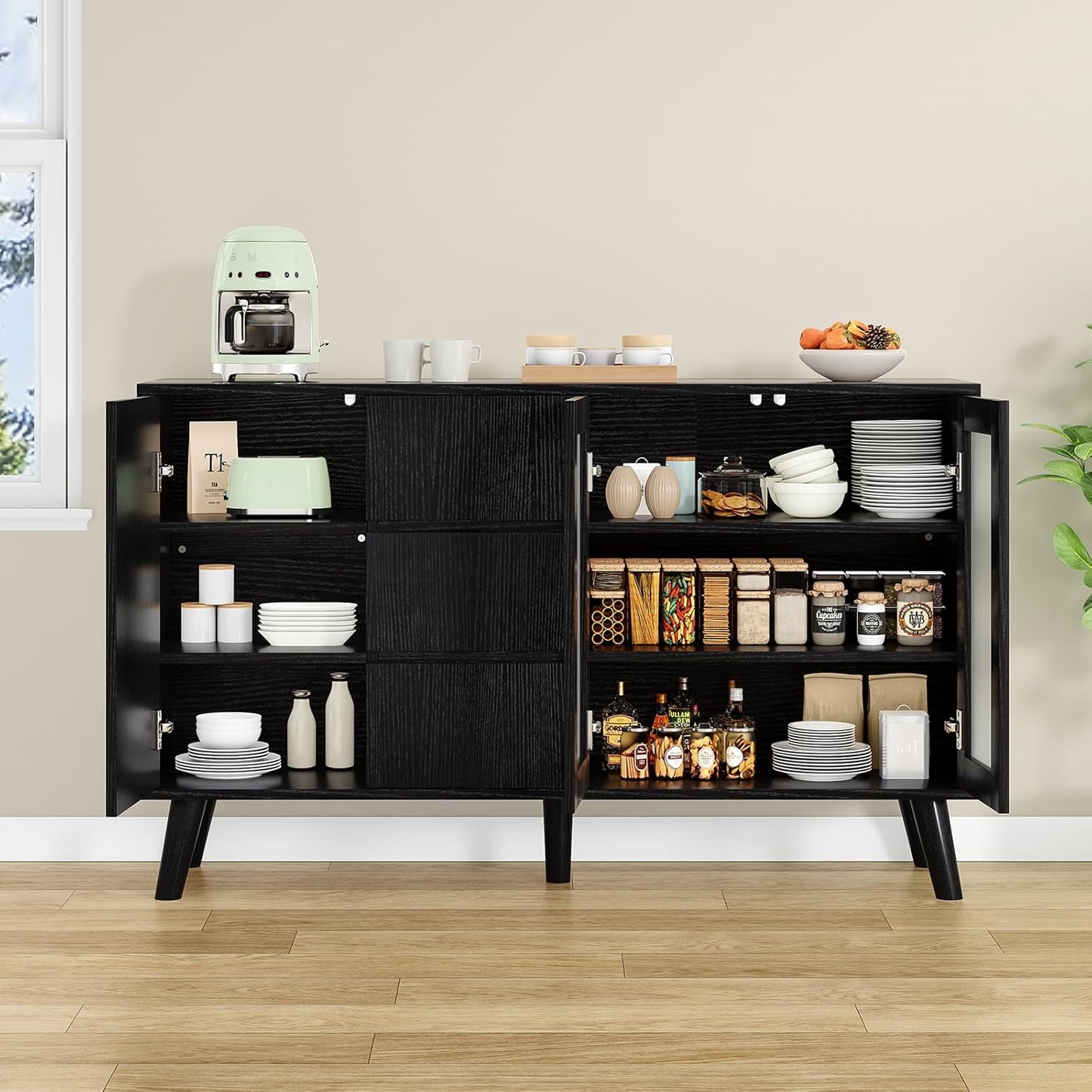Farini Farmhouse Buffet Cabinet, 55.5" Coffee Bar with 3 Drawers and Pop-Up Doors, Large Rustic Sideboard for Dining Room, Kitchen, Hallway, and Living Room