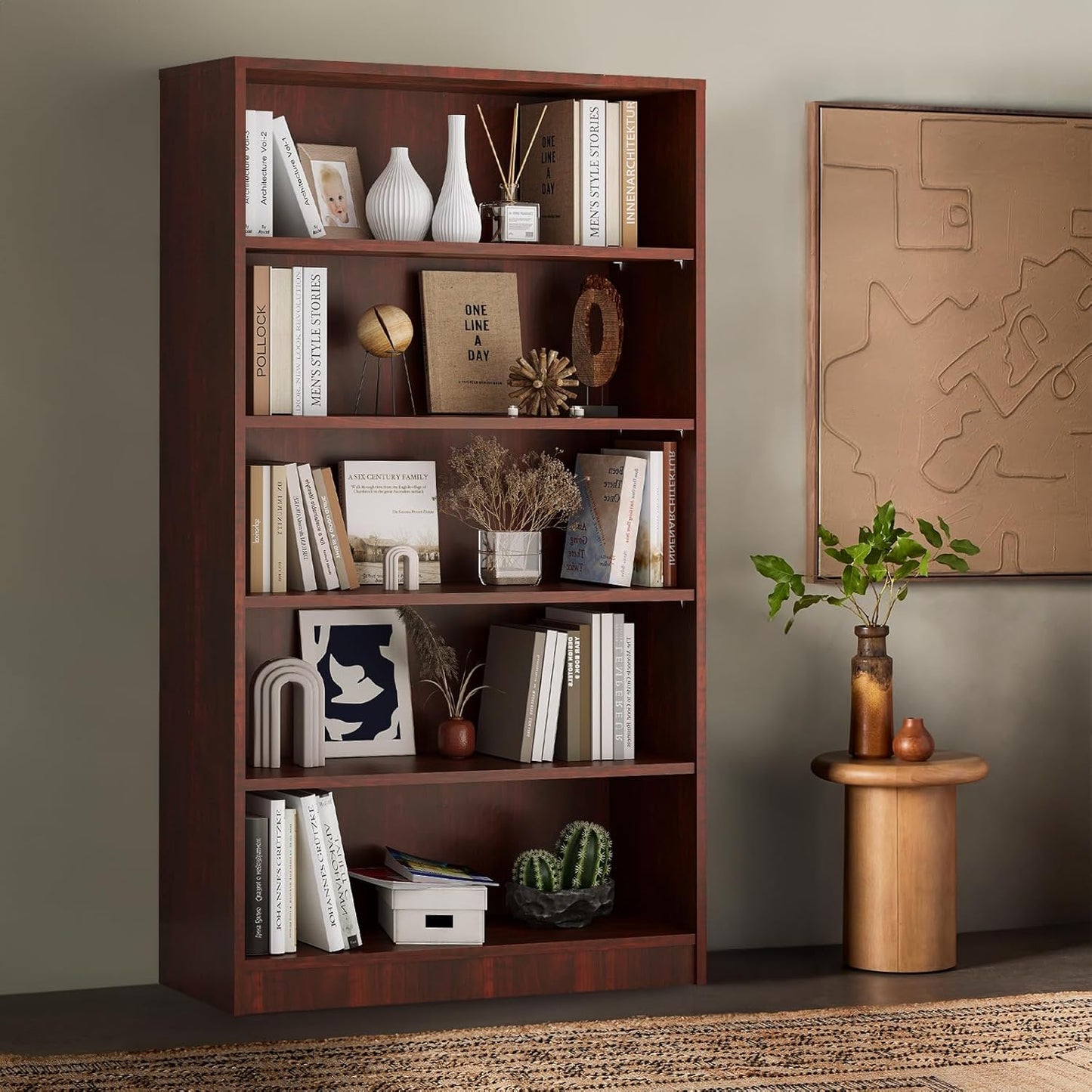 Farini Bookshelf With Adjustable Shelves, 5 Shelf Bookcase for Living Room, Bedroom - Large Tall Wood Book Case, 60 in Tall, 33 in Wide, 11.6 in Deep, Cherry