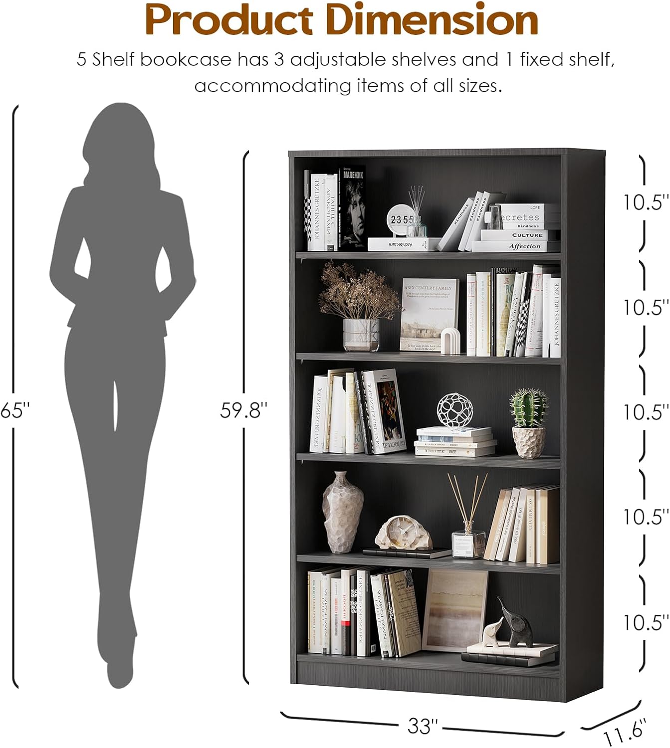 Farini Bookshelf With Adjustable Shelves, 5 Shelf Bookcase for Living Room, Bedroom - Large Tall Wood Book Case, 60 in Tall, 33 in Wide, 11.6 in Deep, Gray