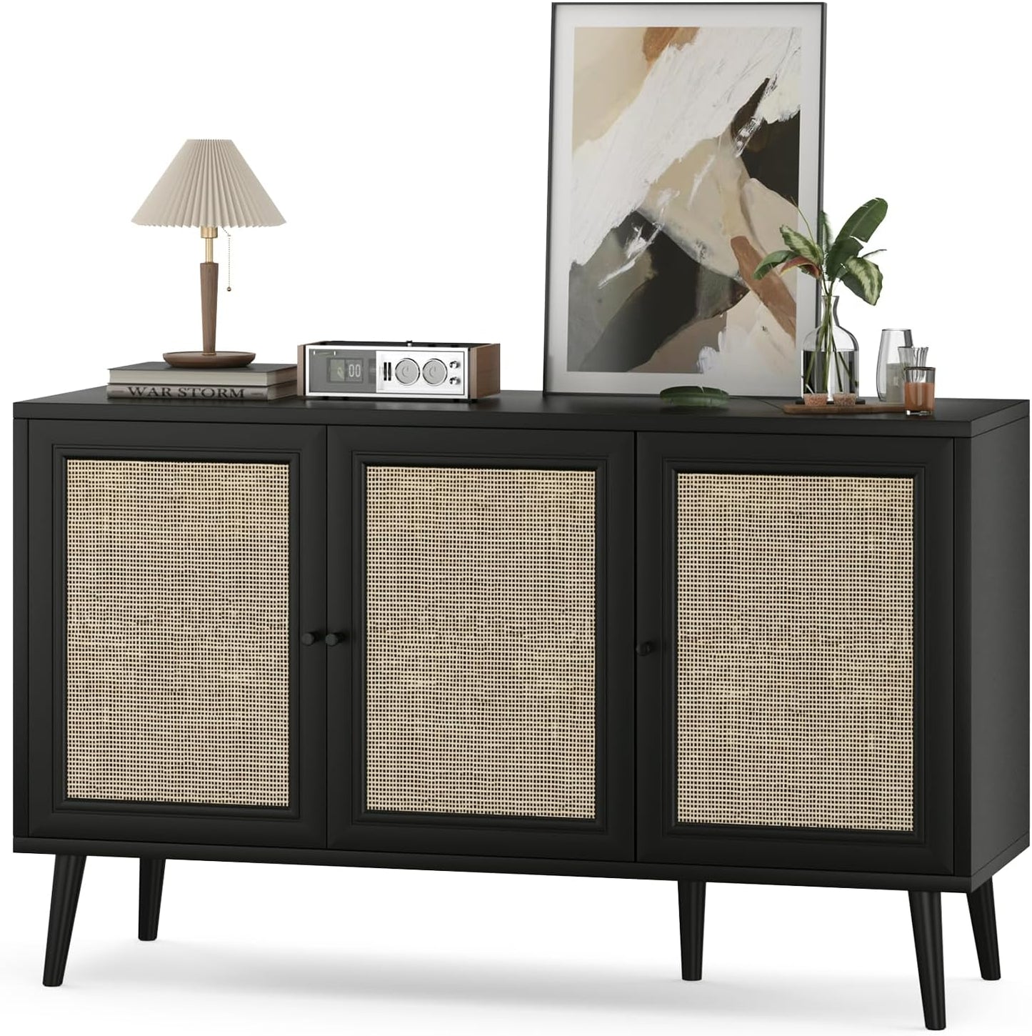 Farini Modern Sideboard Buffet, 3-Door Rattan Storage Cabinet for Kitchen, Living Room & Entryway
