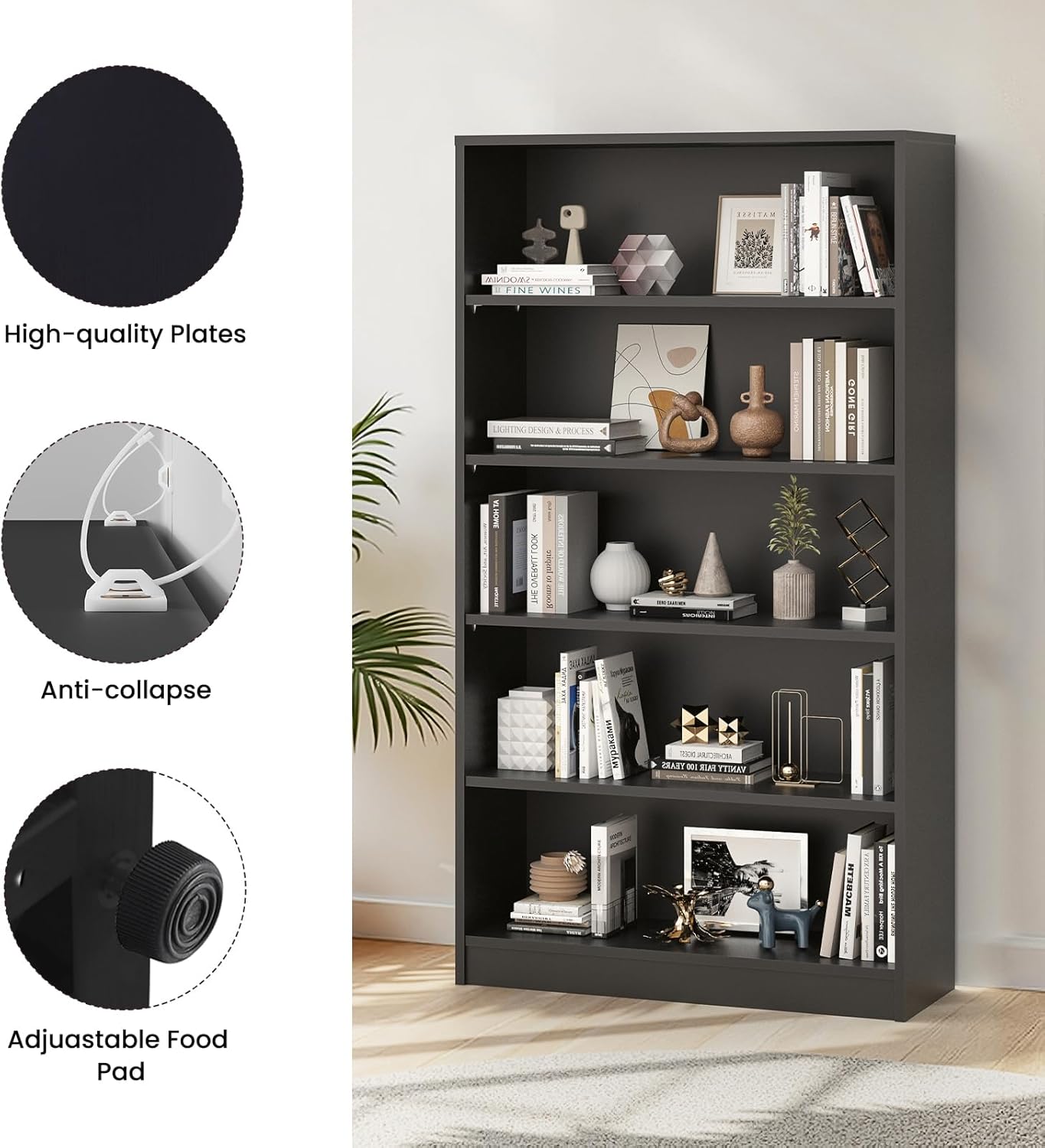 Farini 5 Tiers Bookcase, Wooden Bookcase with Adjustable Shelves for Home, Office