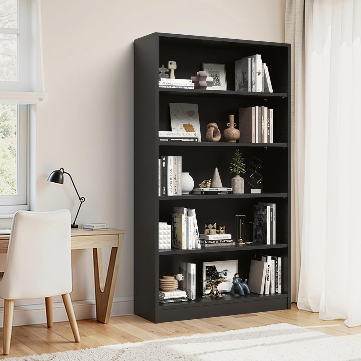 Farini 5 Tiers Bookcase, Wooden Bookcase with Adjustable Shelves for Home, Office