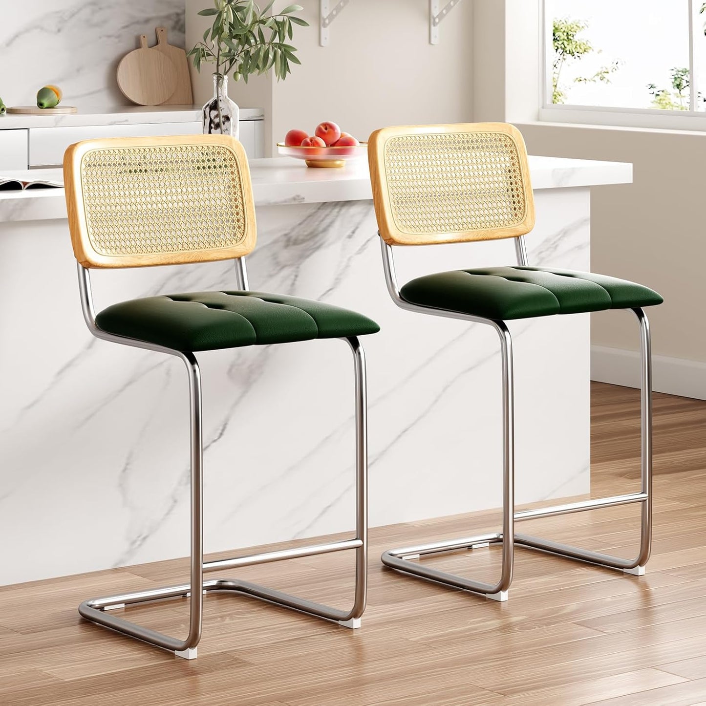Farini Counter Height Bar Stools Set of 2, Upholstered PU Leather Barstools with Rattan Back, 24 inch Stools Armless Bar Chairs for Kitchen Island