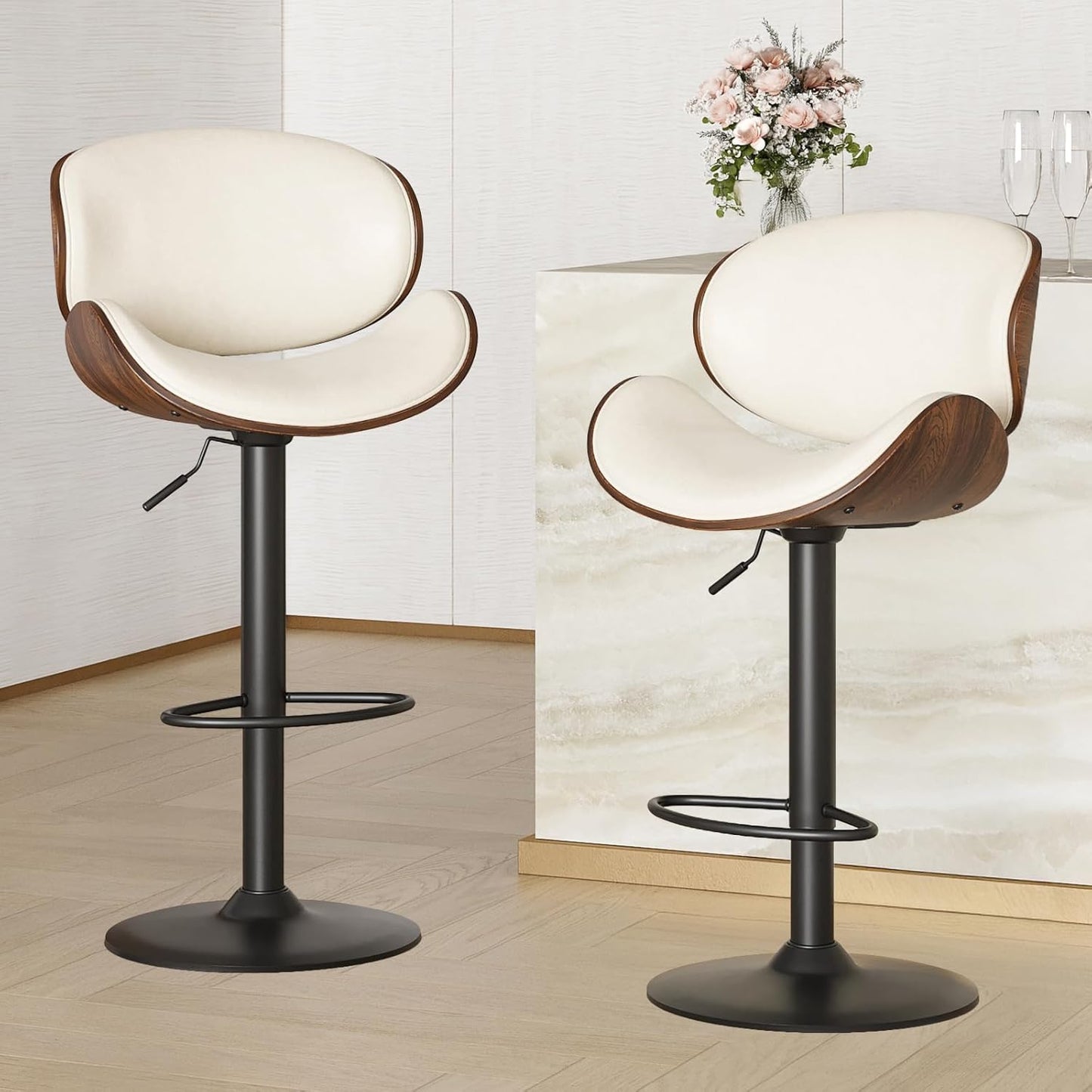 Farini Adjustable Bar Stools Set for 2, Ergonomic Modern Swivel Bar Stools with Back for Kitchen Island, PU Leather Bar Stool with Footrest Mid Century Barstools, Industrial Counter Height Bar Stools