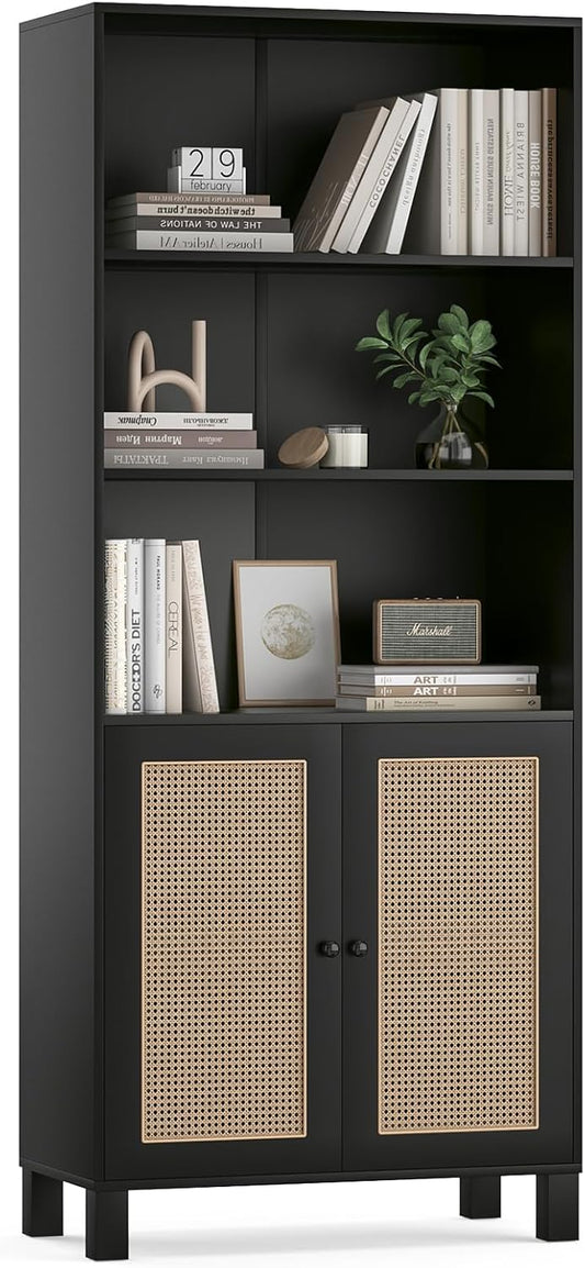 Farini Tall 5 Tier Bookcase, Storage Shelf with Rattan Doors for Living Room, Office, Library