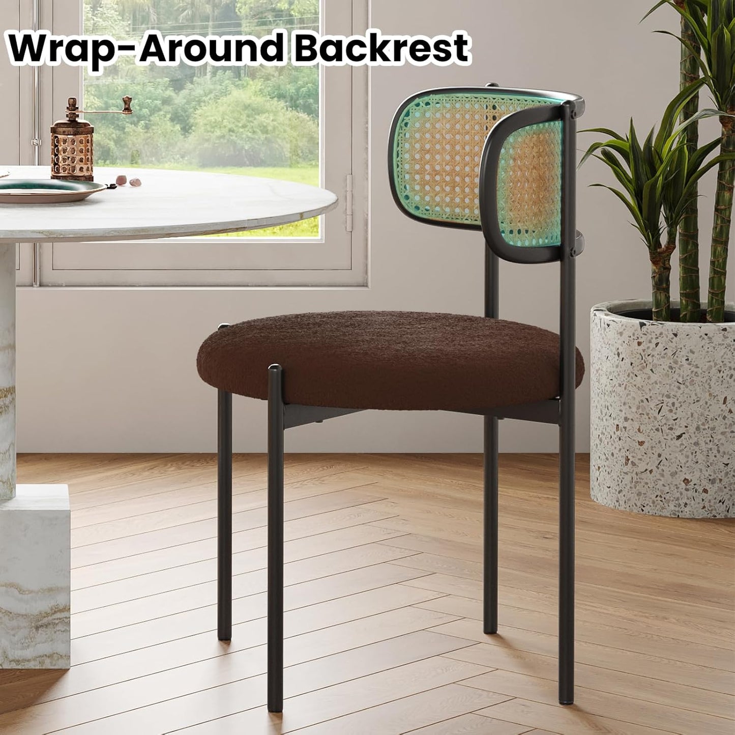 Farini Modern Upholstered Dining Chairs, Set of 2, Rattan Back Kitchen Chairs with Metal Legs, Coffee