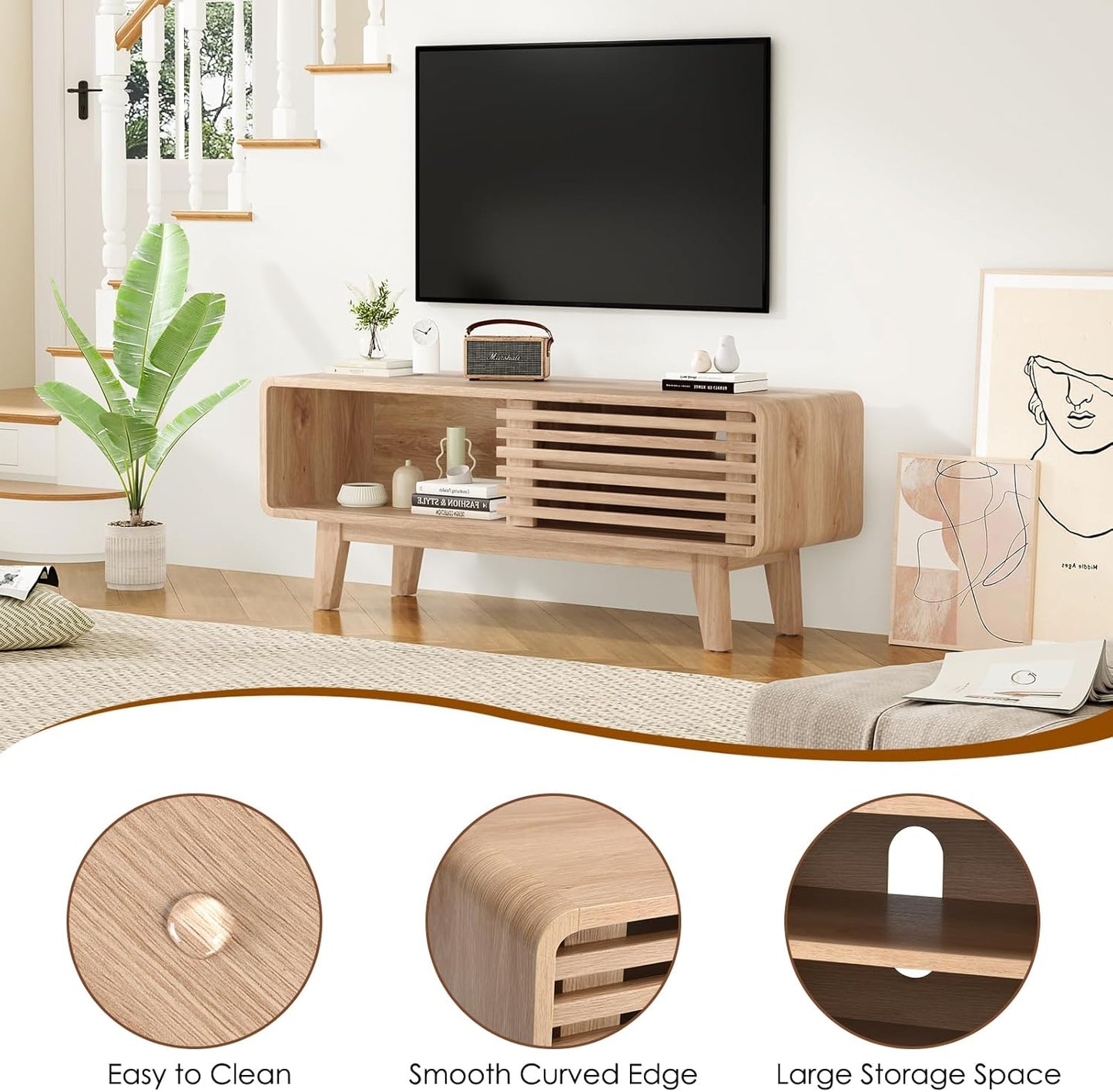 Farini TV Stand for TV Up to 59 Inch, Entertainment Center with Storage Cabinet and Sliding Door, Mid-Modern Century Console Table for Living Room, Bedroom, Nature, 46 Inch
