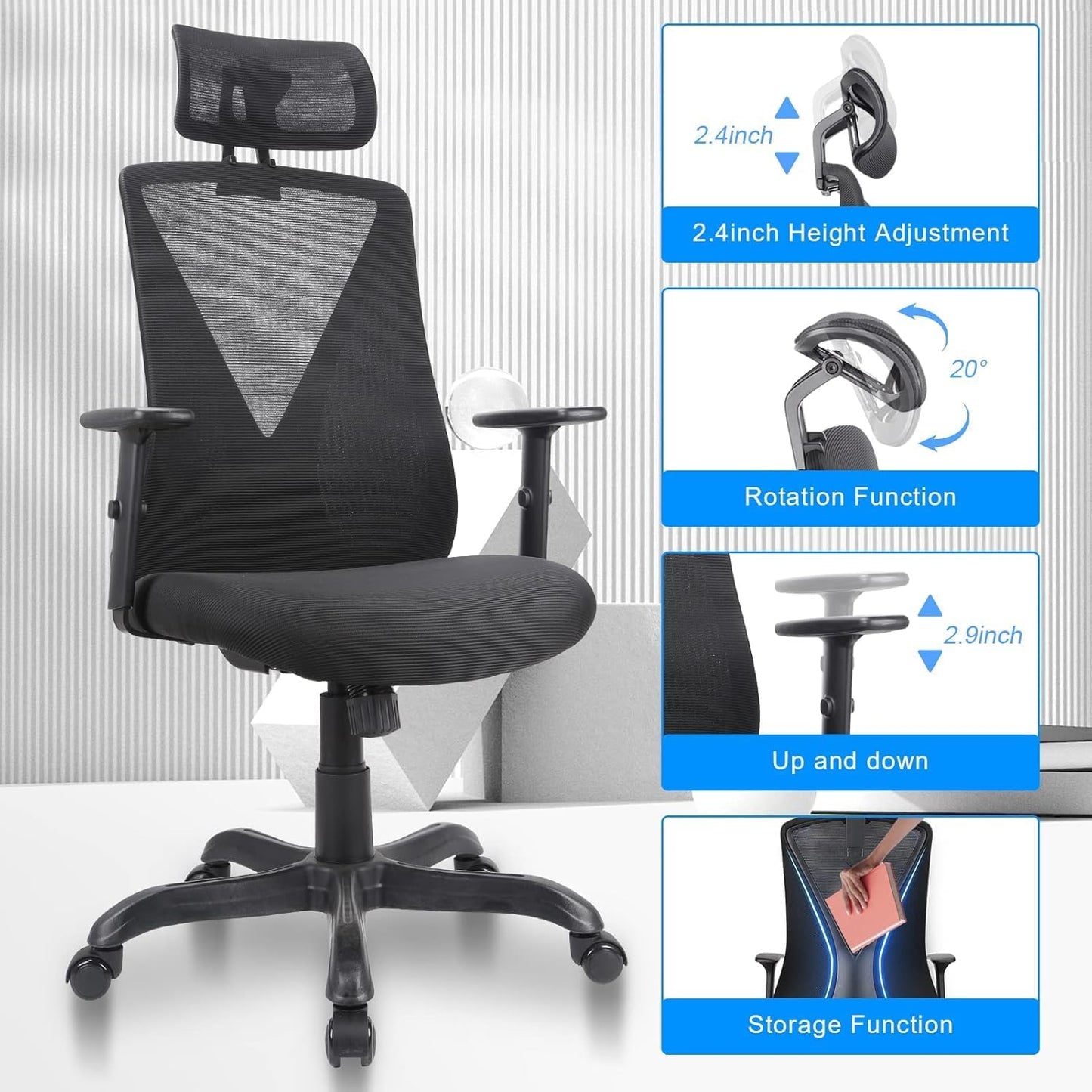 Farini Ergonomic Office Chair with Adjustable Headrest and Armrest, Mesh Swivel Desk Chair with Storage Function for Work, Gaming