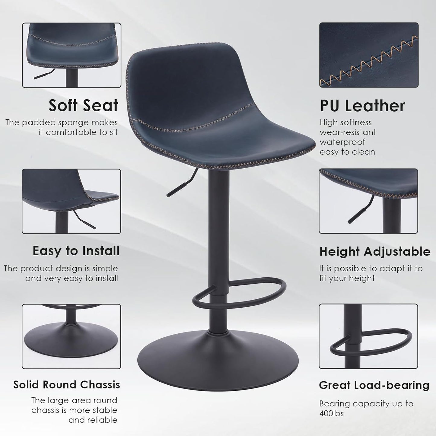 Farini Adjustable Bar Stools Set of 2, Modern Swivel Bar Stools, Bar Height Stools with Back Support, Pu Leather Bar Stool for Kitchen Island Counter