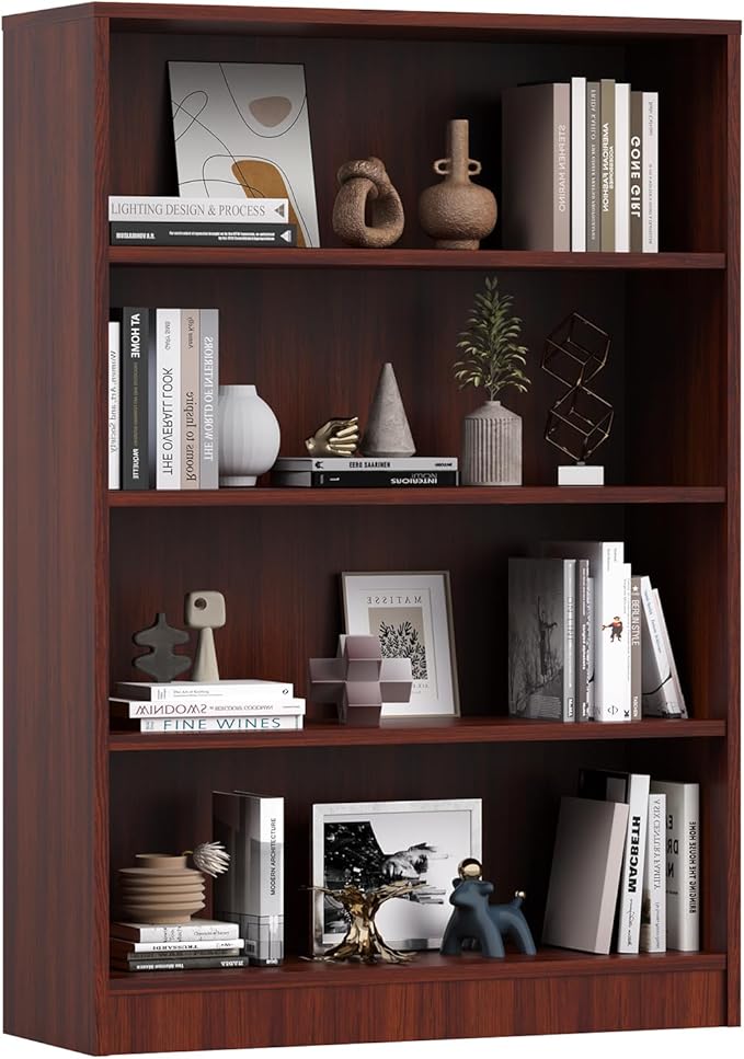 Farini 4 Tiers Bookcase, Wooden Bookcase with Adjustable Shelves for Home, Office