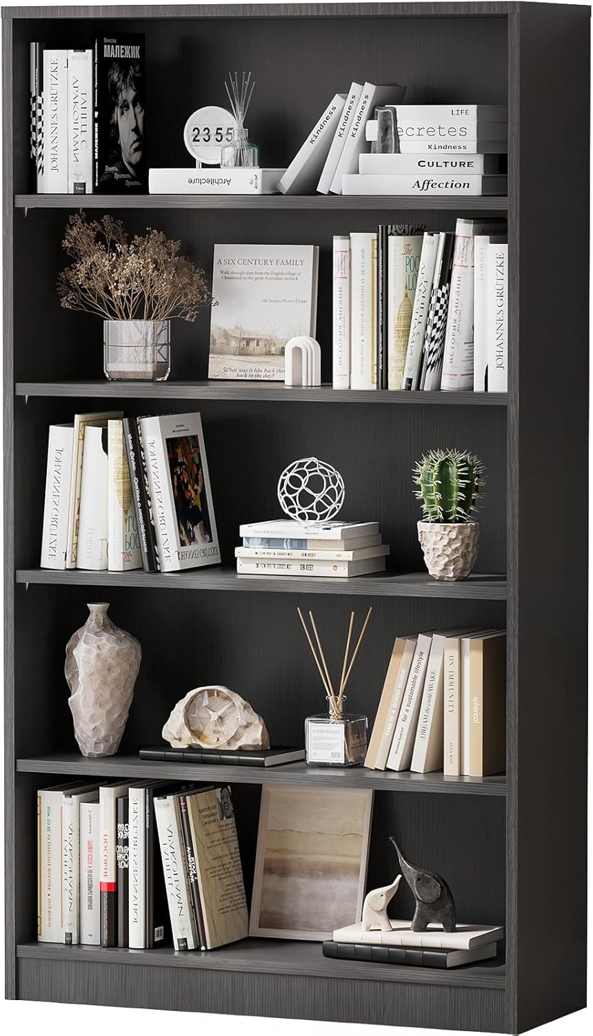 Farini Bookshelf With Adjustable Shelves, 5 Shelf Bookcase for Living Room, Bedroom - Large Tall Wood Book Case, 60 in Tall, 33 in Wide, 11.6 in Deep, Gray