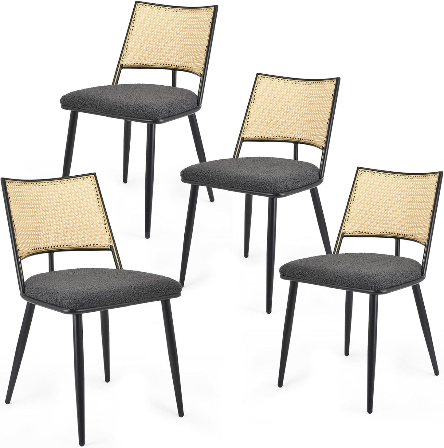 Farini Dining Chairs Set of 2 or 4, Mid-Century Modern Kitchen Chairs with Rattan Backrest & Metal Frame, Boucle Upholstered Accent Chairs for Dining Room, Kitchen, Living Room