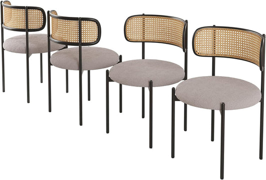 Farini Modern Upholstered Dining Chairs Set of 4,Rattan Back Dining Room Chairs,Accent Kitchen Chairs with Metal Legs,Light Gray