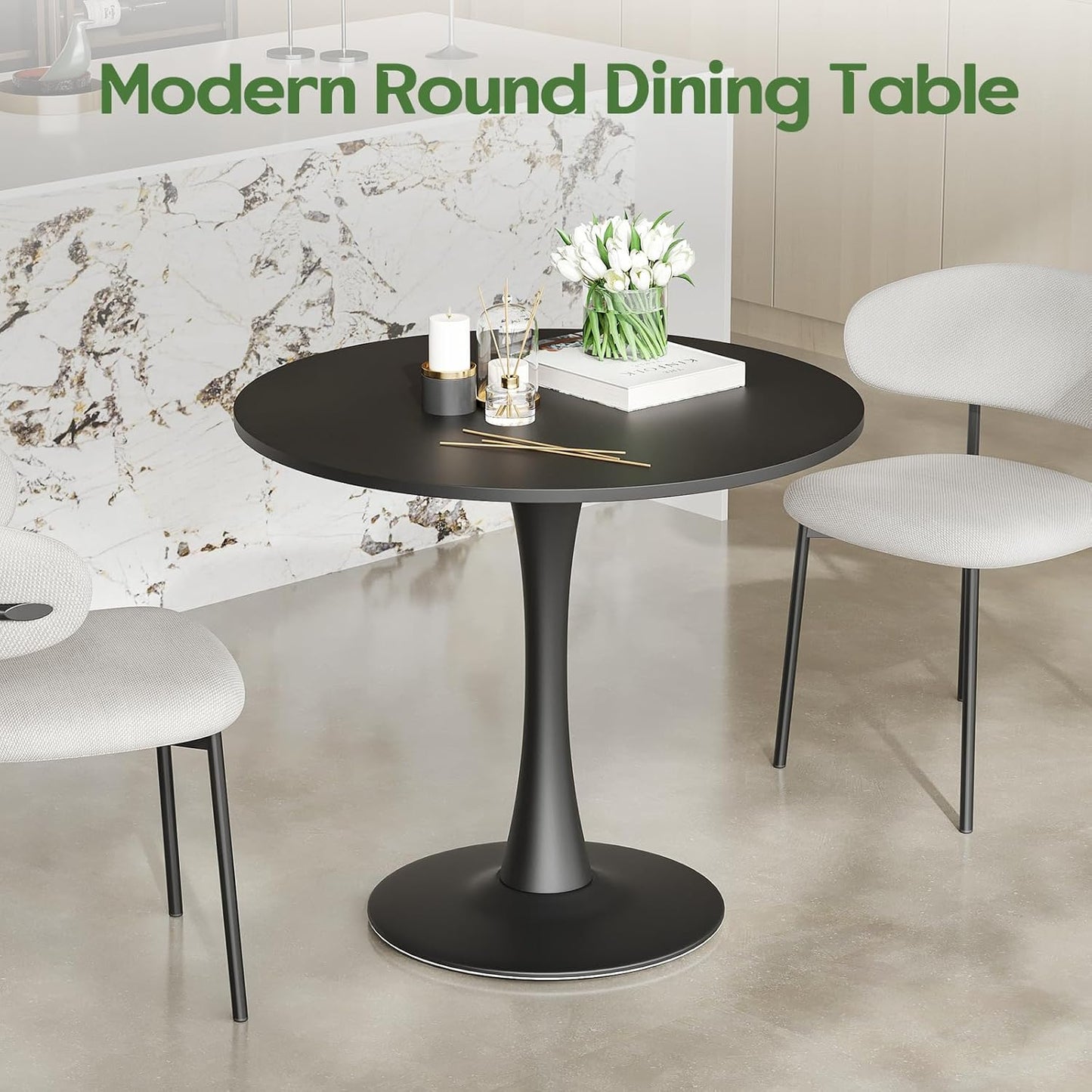 Farini 31.5" Small Round Dining Table Seats Up to 2-4 People,Wood Tabletop Tulip Dining Table with Metal Pedestal Base