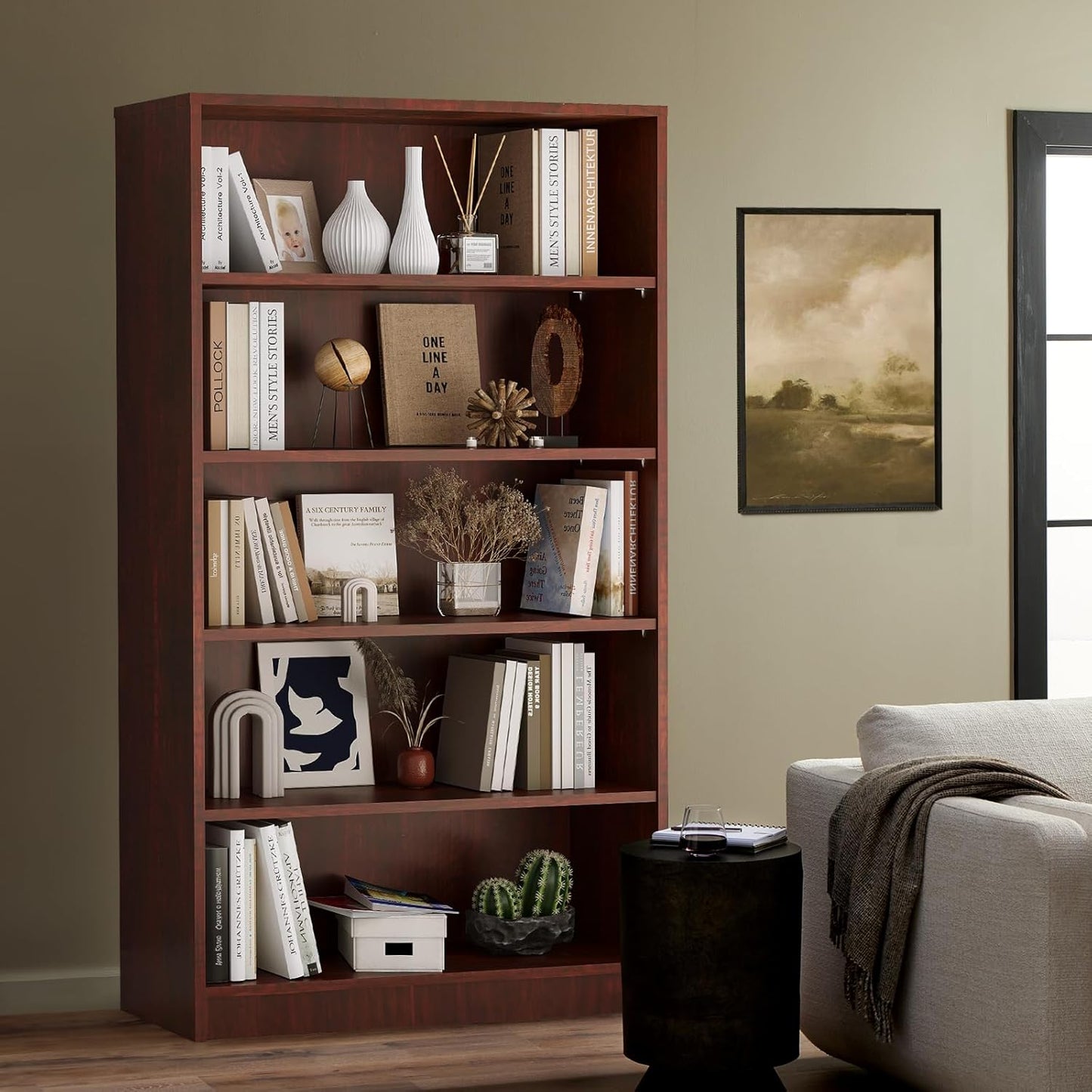 Farini Bookshelf With Adjustable Shelves, 5 Shelf Bookcase for Living Room, Bedroom - Large Tall Wood Book Case, 60 in Tall, 33 in Wide, 11.6 in Deep, Cherry