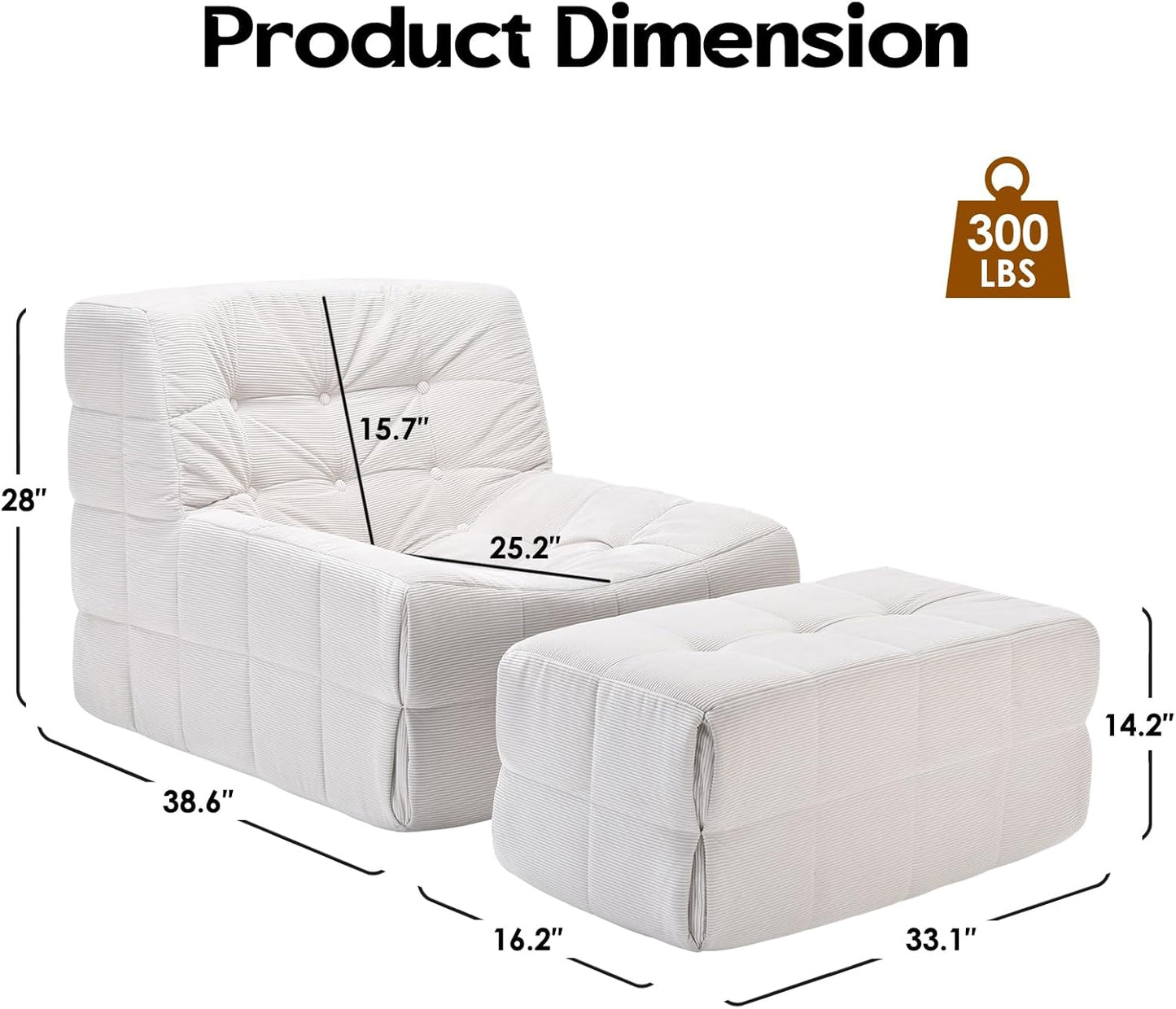 Farini Bean Bag Chair for Adults with Ottoman, Oversized Beanbag Chairs with High-Density Memory Foam, Comfy Lazy Sofa with Head, Neck, Back, Lumbar, Hip Support for Living Room, Bedroom