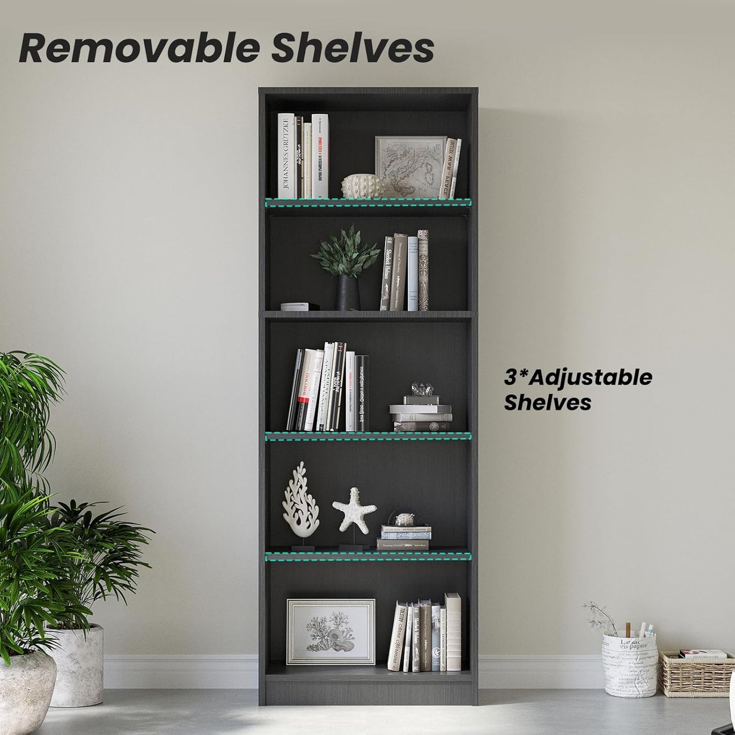 Farini Bookcase Freestanding 5 Shelf Wood Bookshelf Adjustable Shelves for Home Office,5 Layer