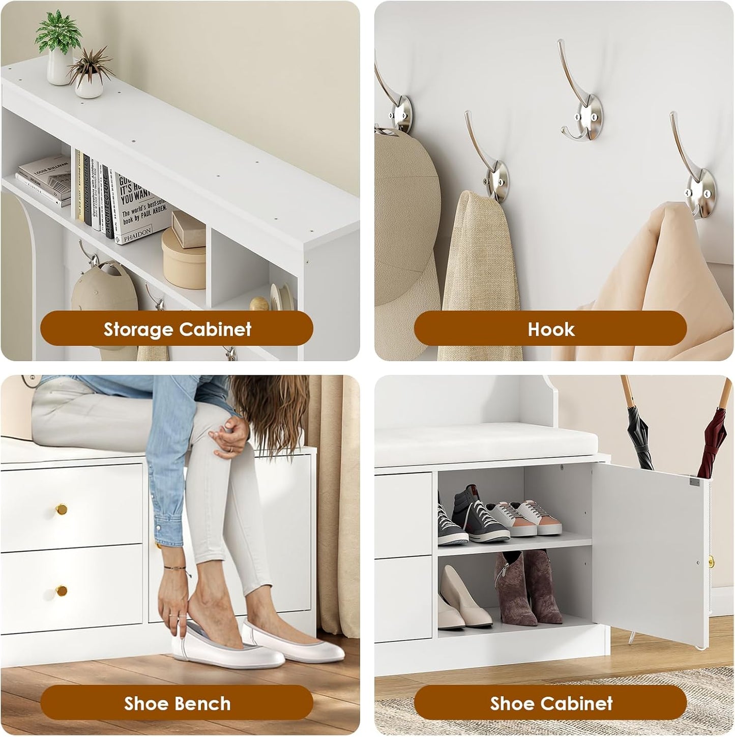 Farini Hall Tree with Bench and Shoe Storage, Mud Room Bench with Storage and Seating, Hall Tree with Shoe Storage with 7 Hooks, 6-in-1 Farmhouse Hall Tree with Bench for Entryway, 70.9", White