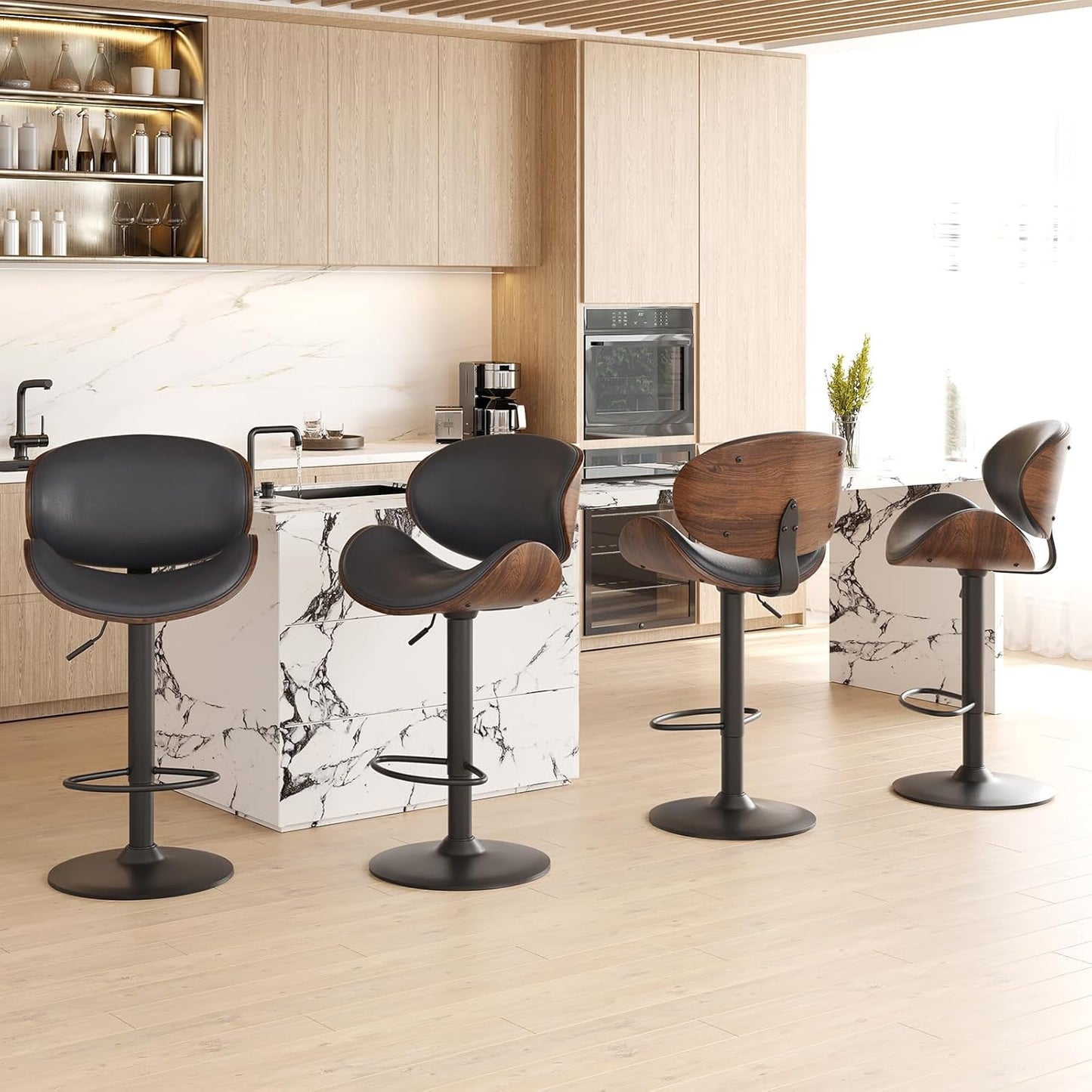 Farini Adjustable Bar Stools Set for 2, Ergonomic Modern Swivel Bar Stools with Back for Kitchen Island, PU Leather Bar Stool with Footrest Mid Century Barstools, Industrial Counter Height Bar Stools
