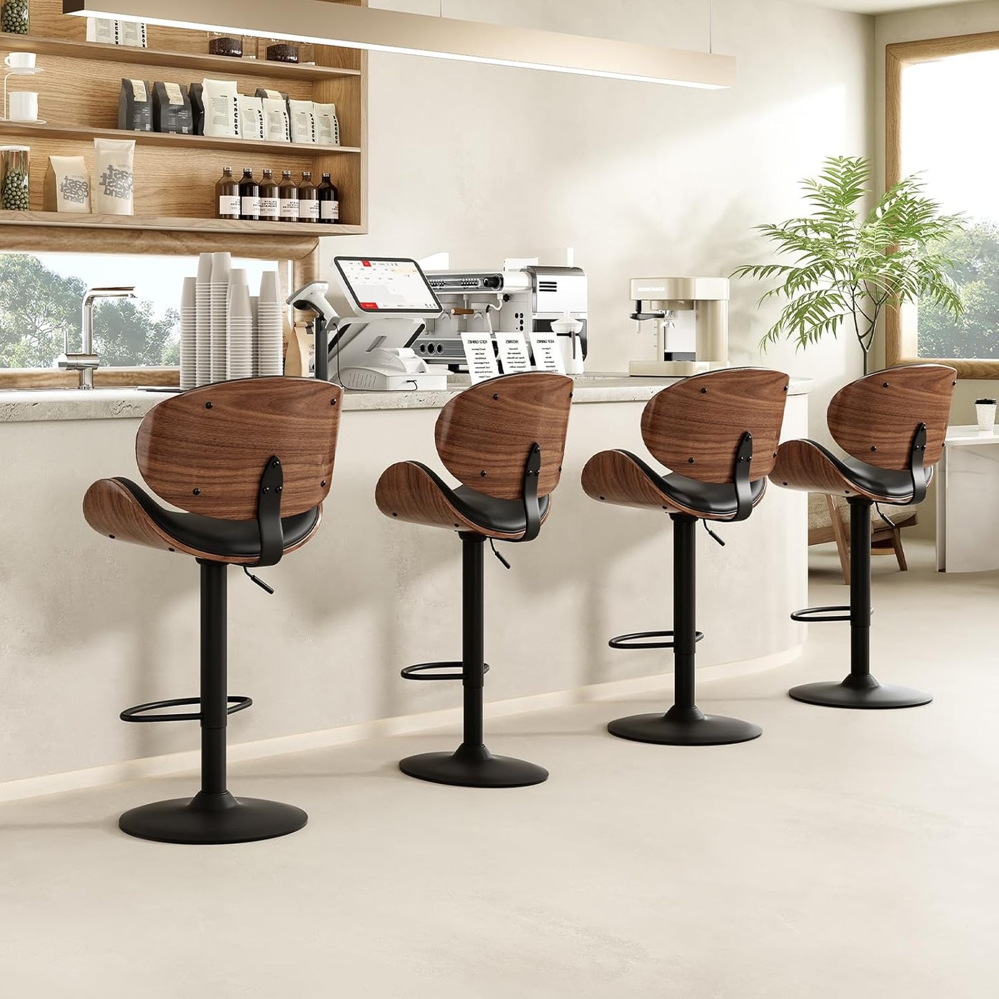 Farini Swivel Bar Stools Set of 4 Adjustable Height Bentwood Barstools with PU Leather Upholstered Seat, Backrest and Footrest,Modern Kitchen Counter Chairs for Bar, Dining Room,Black