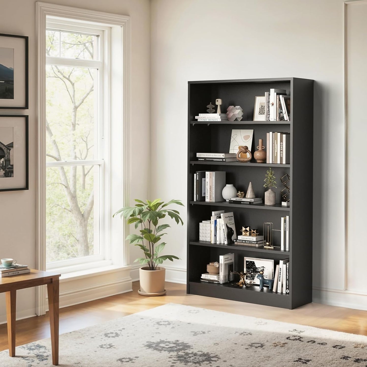 Farini 5 Tiers Bookcase, Wooden Bookcase with Adjustable Shelves for Home, Office