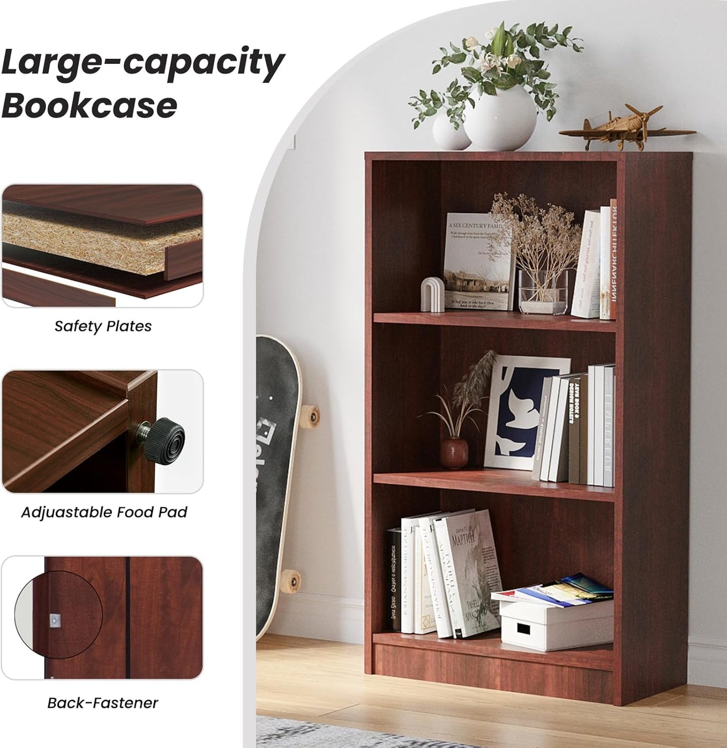 Farini Bookcase Freestanding 3 Shelf Wood Bookshelf Adjustable Shelves for Home Office,3 Layer, Grey