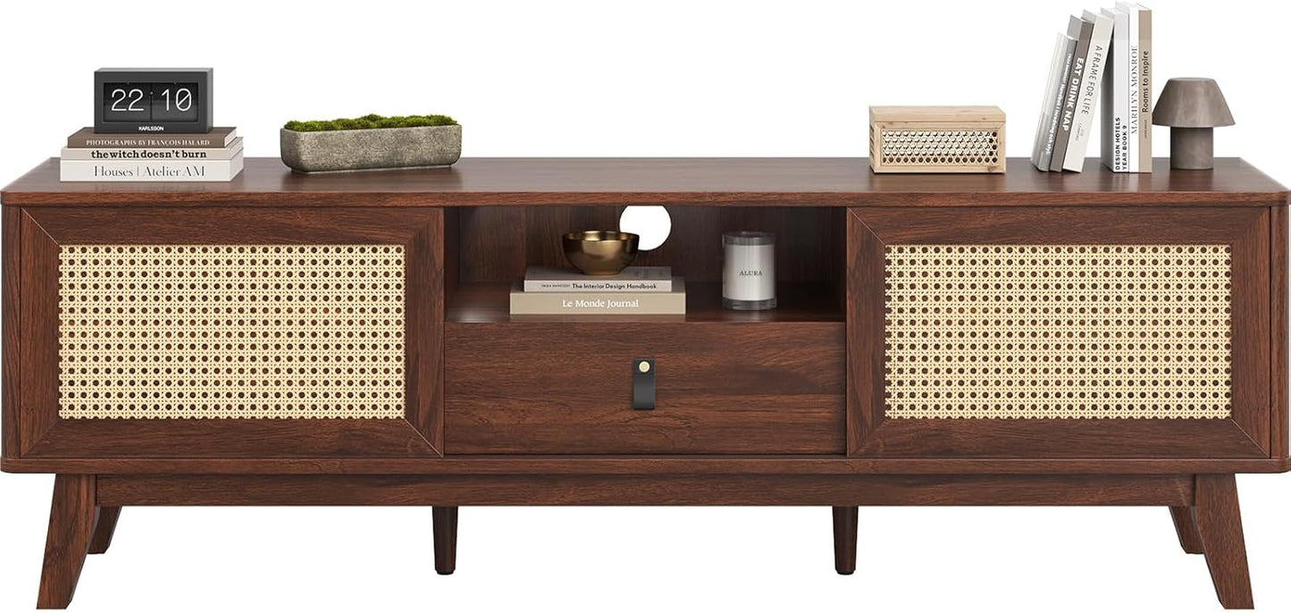 Farini Rattan TV Stand for TVs, Wood TV Stand Mid Century Modern TV Stand TV Media Console with Drawer and 2 Cabinets, Boho Entertainment Center for Living Room