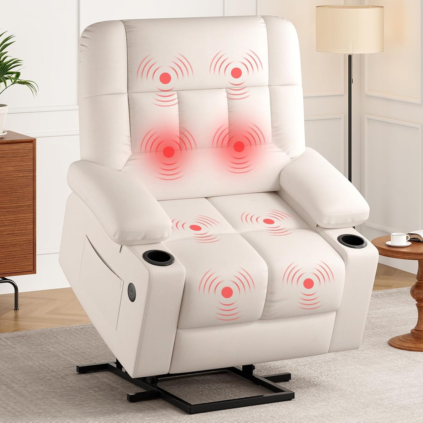Farini Oversized Power Lift Recliner Chair with Massage and Heat for Elderly Big and Tall, Large Fabric Recliner Wide Electric Recliner Chair with USB Ports, Cup Holders, Side Pockets