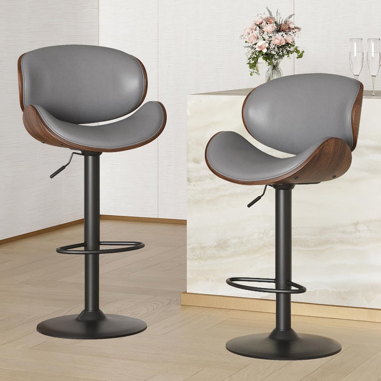 Farini Adjustable Bar Stools Set for 2, Ergonomic Modern Swivel Bar Stools with Back for Kitchen Island, PU Leather Bar Stool with Footrest Mid Century Barstools, Industrial Counter Height Bar Stools