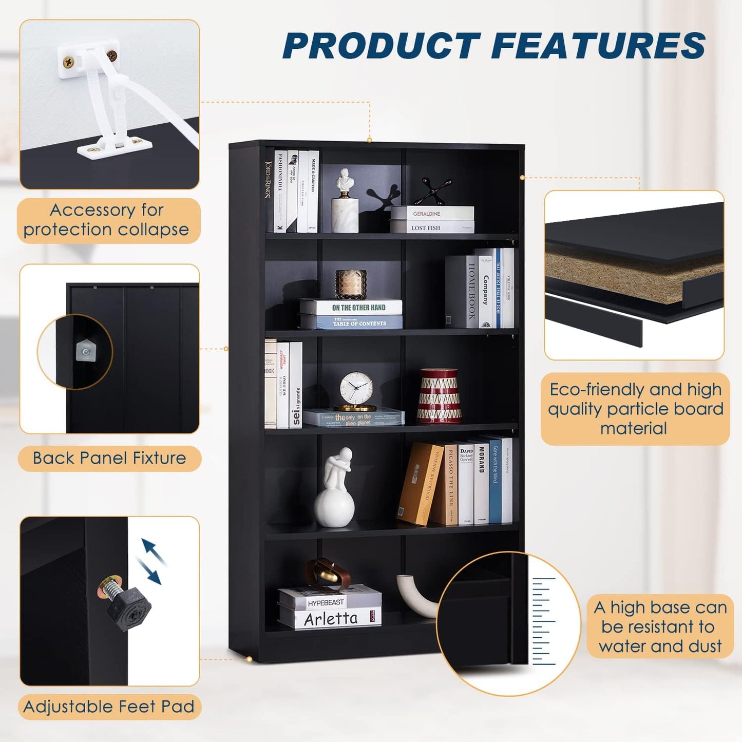 5-Shelf Wood Bookcase Freestanding Display Bookshelf for Home Office School (11.6" Depth*33" Width*59.8" Height)