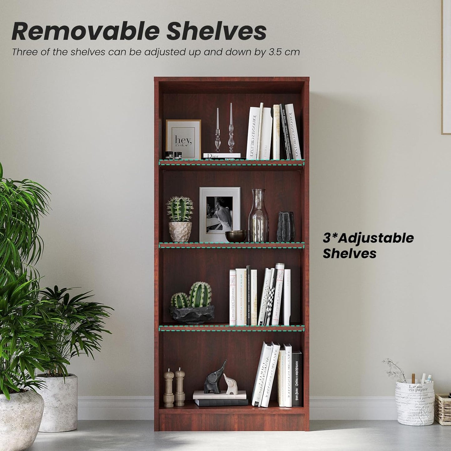 Farini Bookcase Freestanding 4 Shelf Wood Bookshelf Adjustable Shelves for Home Office,4 Layer, Cherry