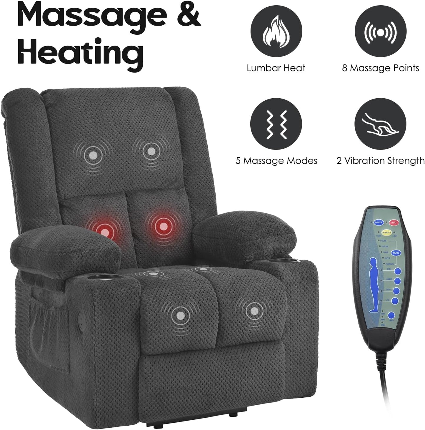 Farini Power Lift Recliner Chair with Massage and Heat for Elderly People, USB Ports and Cup Holders