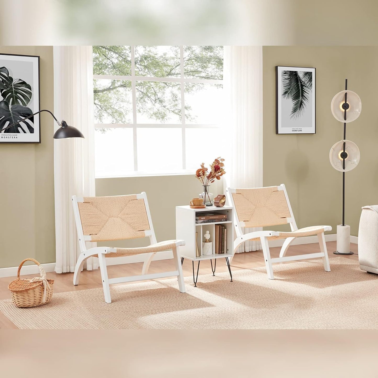 Farini Modern Boho Accent Chairs for Living Room,Mid Century Accent Chair,Side Chair Indoor Scandinavian Cognac Natural Wood Beech Braided Jute Woven Weave Paper Rope Seat