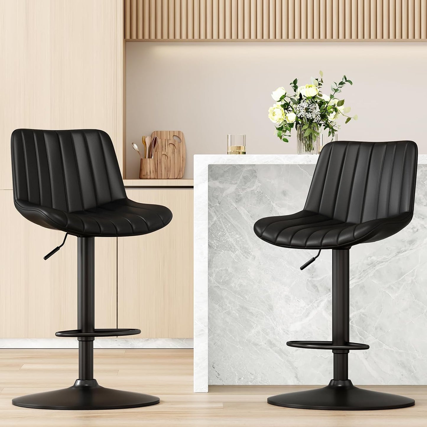 Farini Bar Stools Set of 2, Swivel Adjustable Barstools, Bar Height Stools with Back Support, PU Leather Counter Height Bar Chairs for Kitchen Island Rustic Barstool