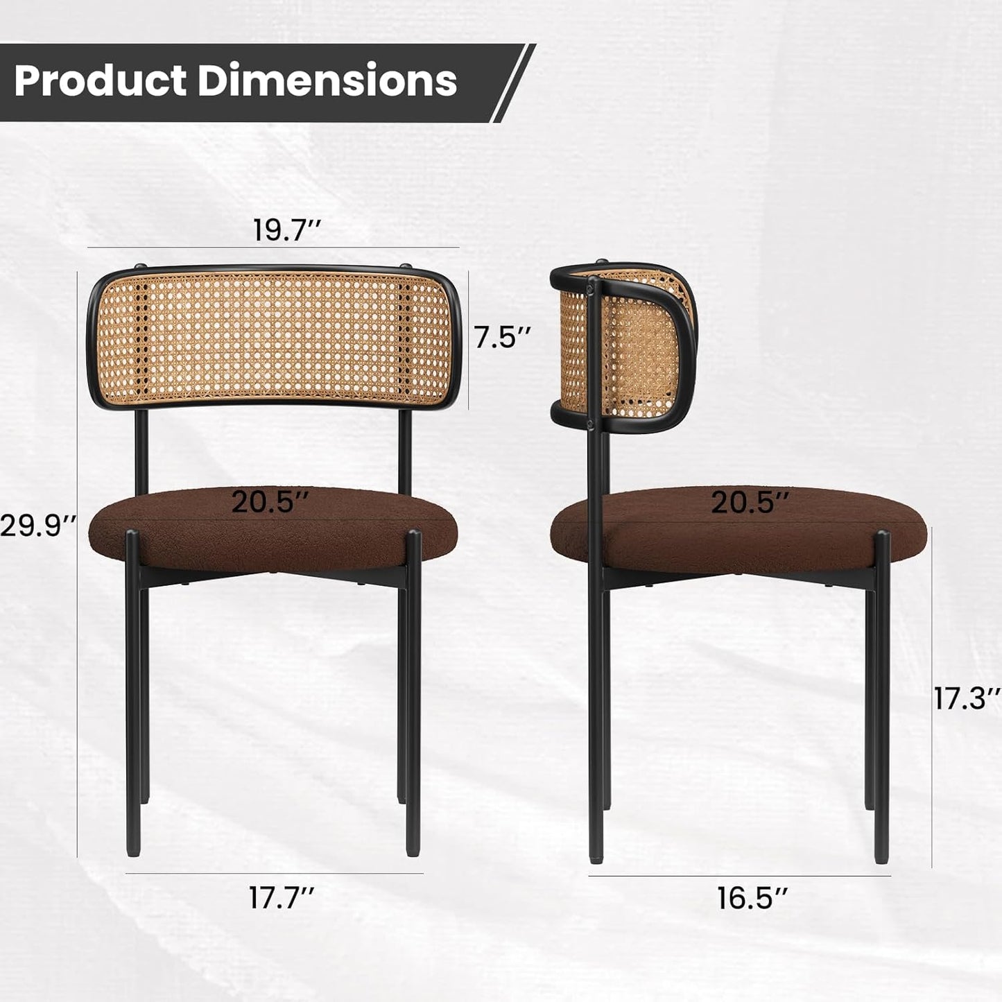 Farini Modern Upholstered Dining Chairs, Set of 2, Rattan Back Kitchen Chairs with Metal Legs, Coffee