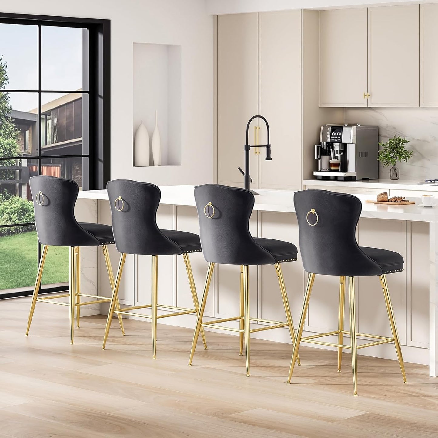 Farini Bar Stools Set of 4, Velvet Counter Height Bar Stools with Metal Legs, Button Tufted and Nailheads Trim, Wing-Back Bar Chairs for Kitchen Island Dining Room Pub
